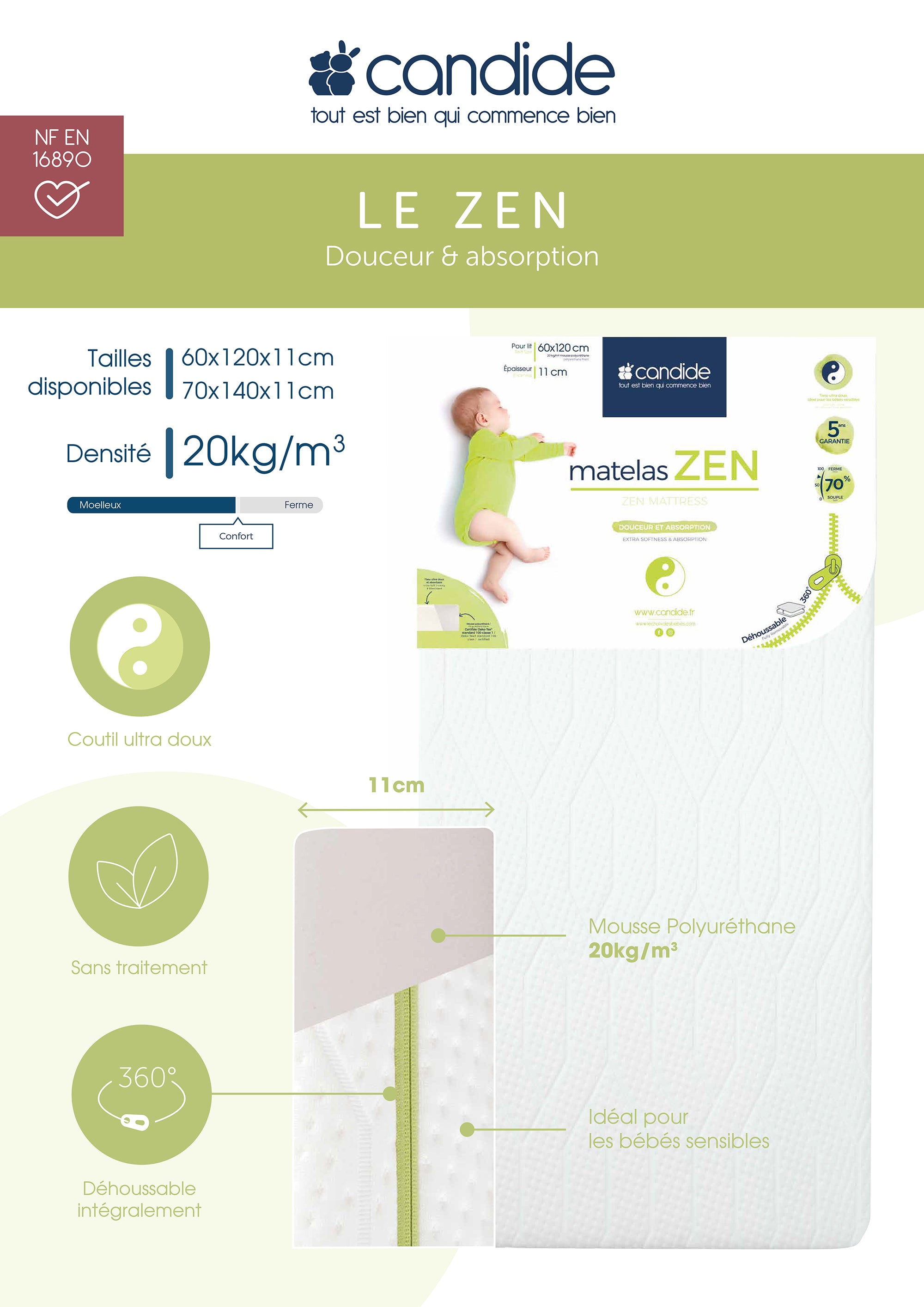 Zen Mattress with Bamboo Cover for Bed 60X120Cm (11Cm Thickness) Candide