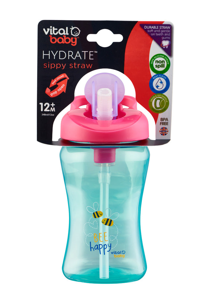 Sticla rezistenta la varsare cu paie 12m+ 340ml. albastru Vital Baby