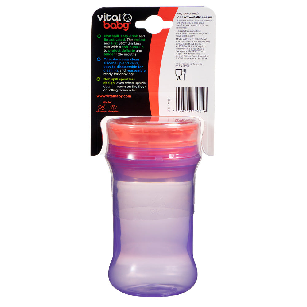 Cana rezistenta la varsare cu margine din silicon moale pentru a bea la 360° Purple Vital Baby