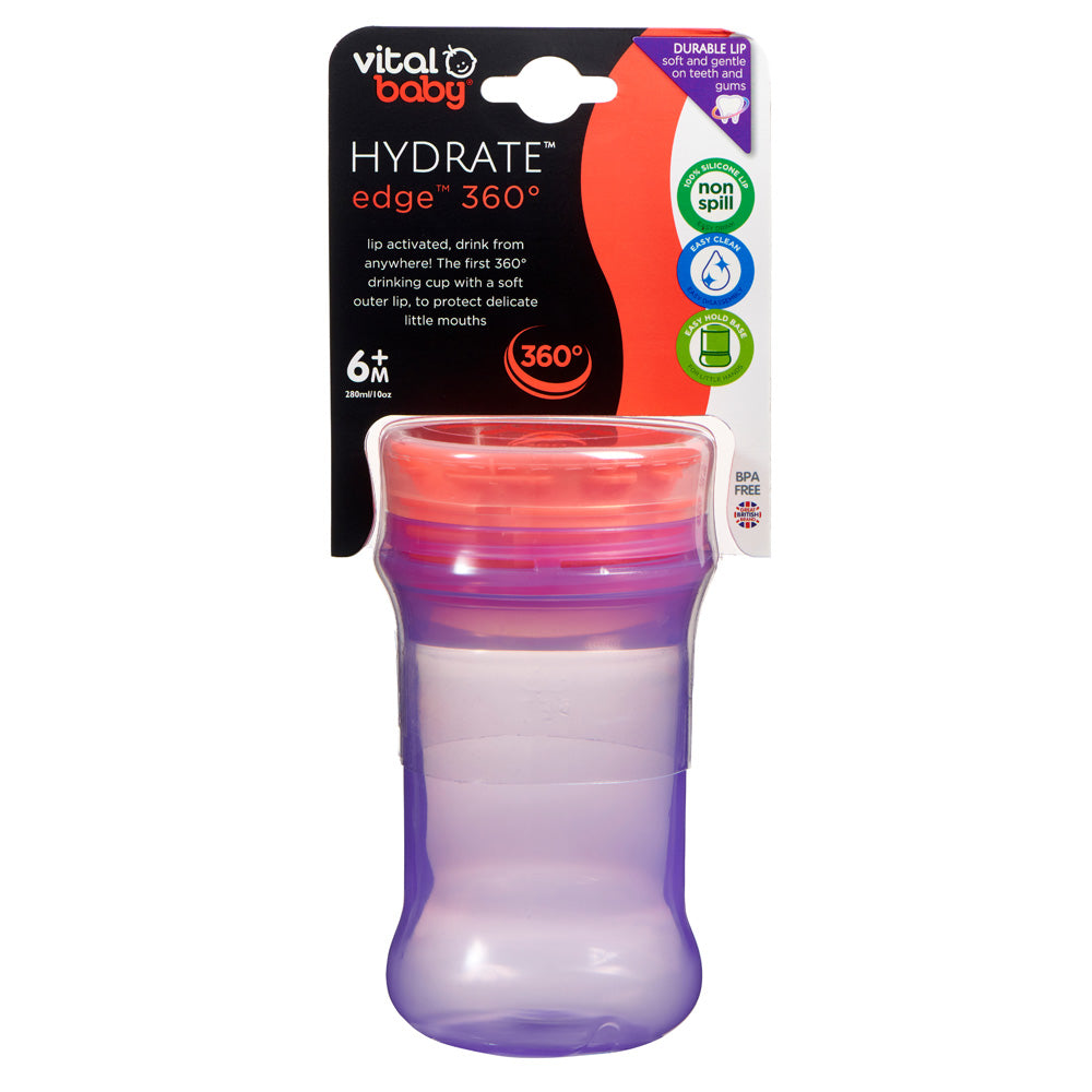 Cana rezistenta la varsare cu margine din silicon moale pentru a bea la 360° Purple Vital Baby