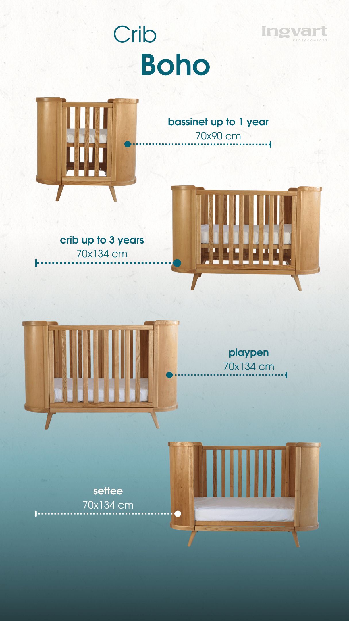 Трансформиращо Легло 4в1 Boho 70х90/70х134см Натур Ingvart