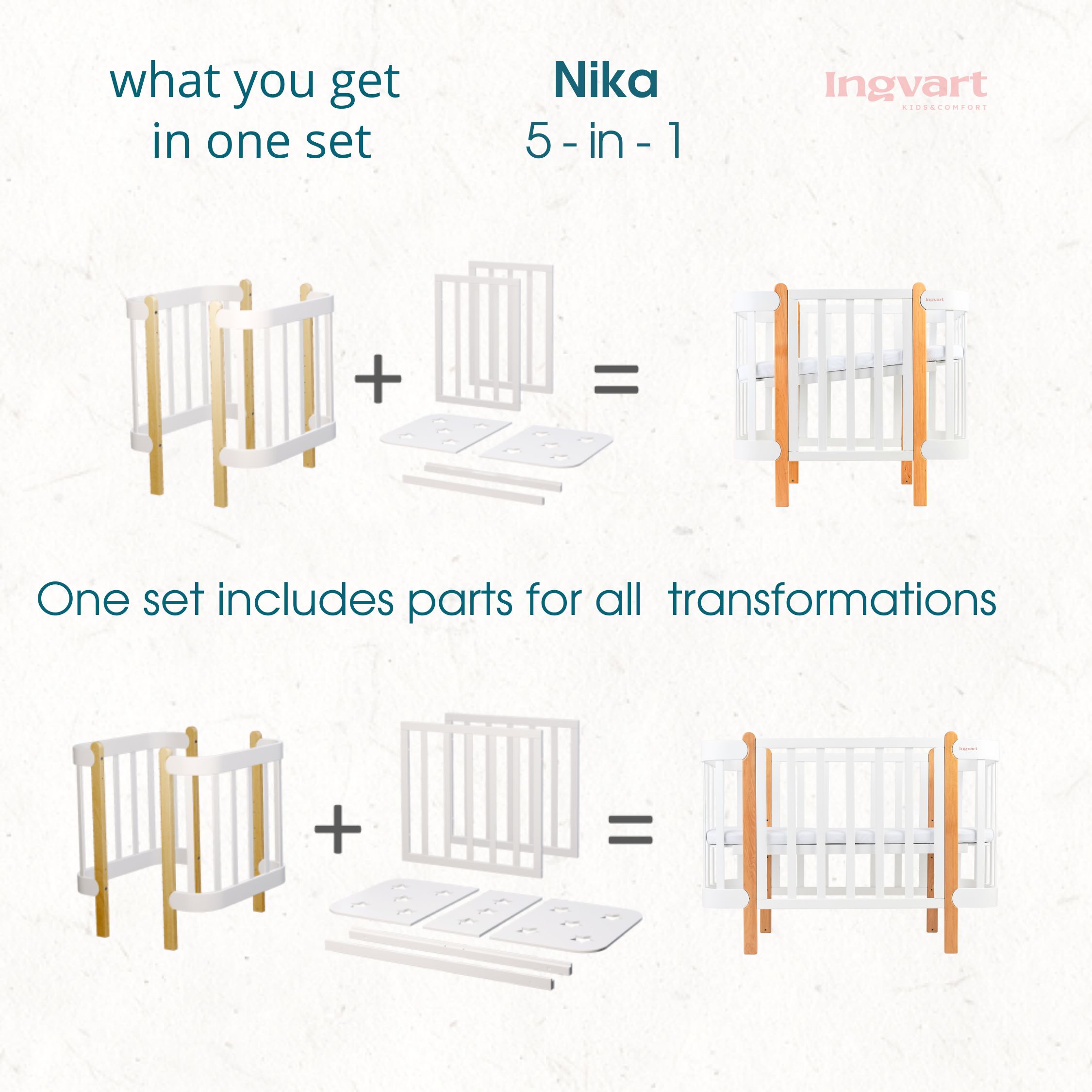 Трансформиращо Легло 5в1 Nika 60x95/60x120см Сив + Натур Ingvart