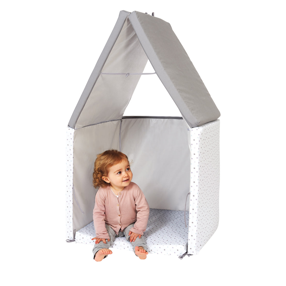 Интелигентна Постелка 5В1-Постелка За Игра, Подвижен Матрак, Барбарон, Тунел И Къща Сиво/Бяла Candide