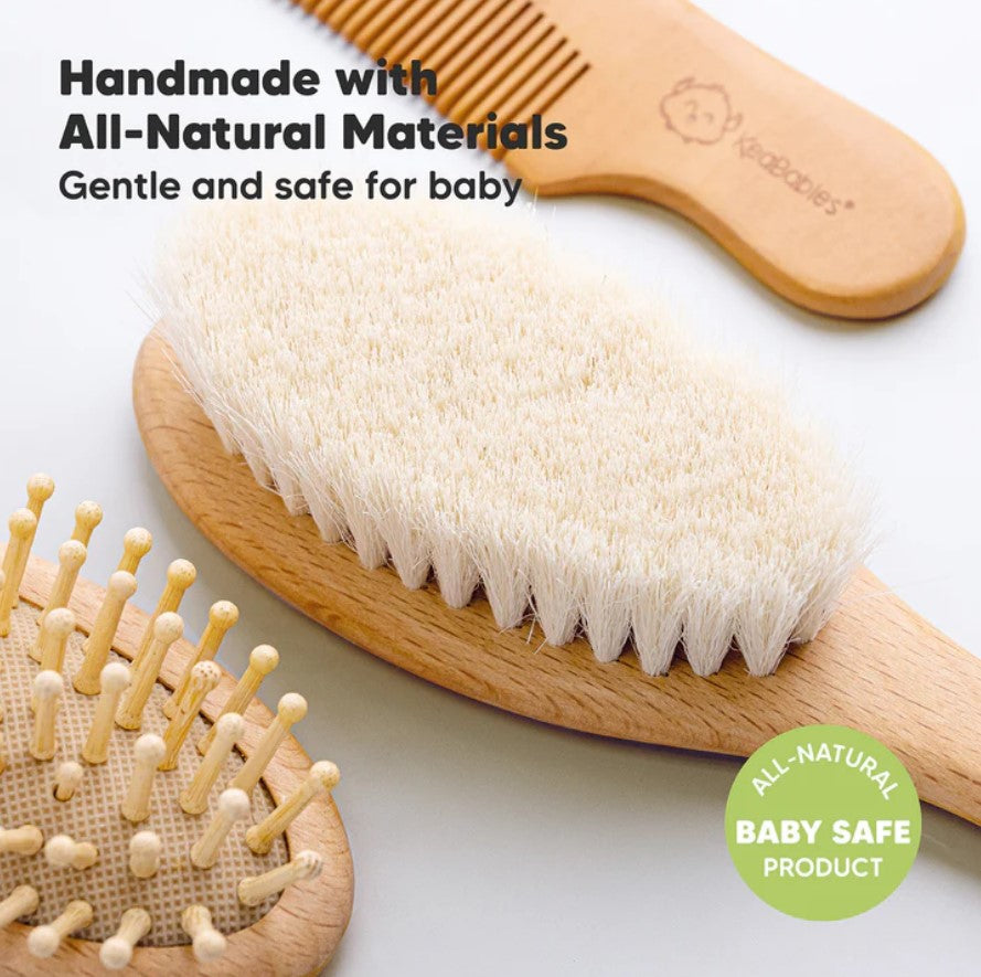 Set de pieptene și perie de păr KeaBabies din lemn pentru bebeluși