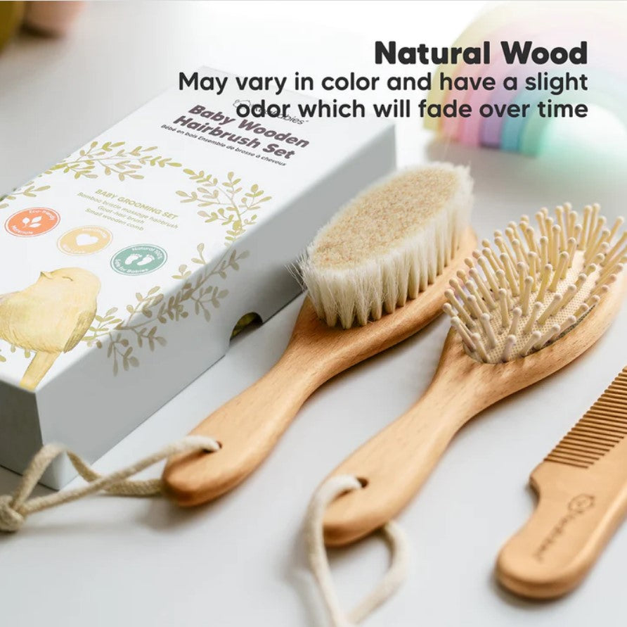 Set de pieptene și perie de păr KeaBabies din lemn pentru bebeluși