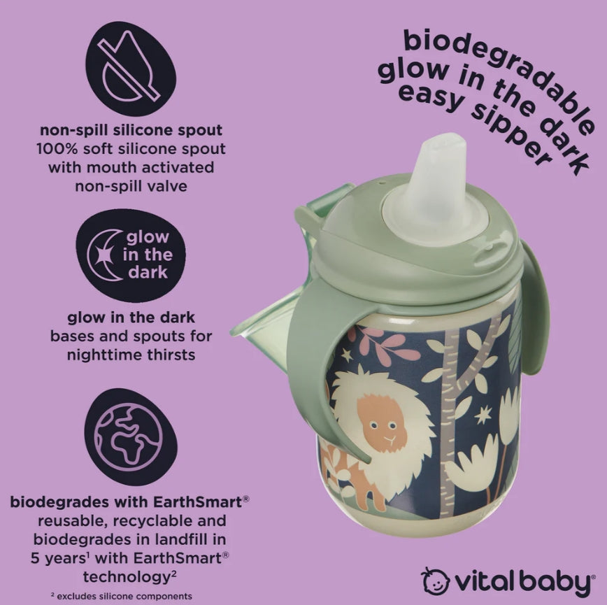 Pahar EarthSmart Vital Baby anti-vărsare cu cioc moale 350 ml, strălucește în întuneric