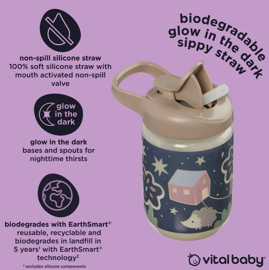 Pahar anti-vărsare EarthSmart Vital Baby cu pai 350 ml, strălucește în întuneric
