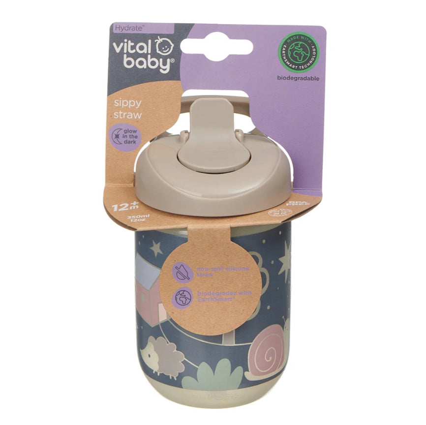 Pahar anti-vărsare EarthSmart Vital Baby cu pai 350 ml, strălucește în întuneric