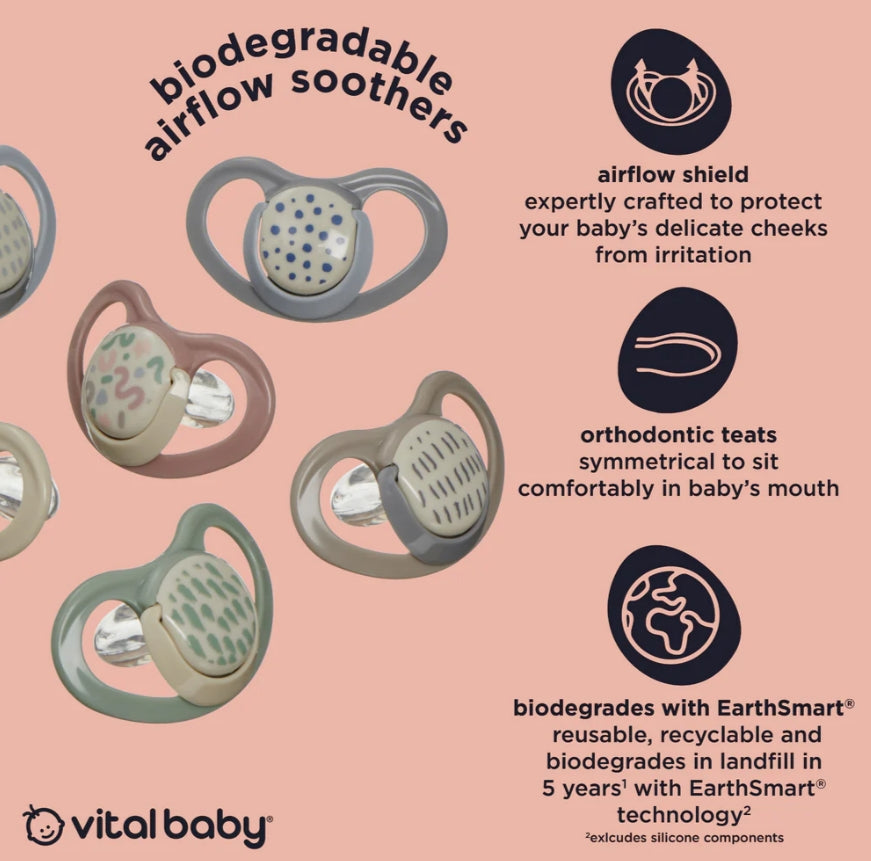 Suzete EarthSmart Vital Baby cu flux de aer calmant, 6-18 luni