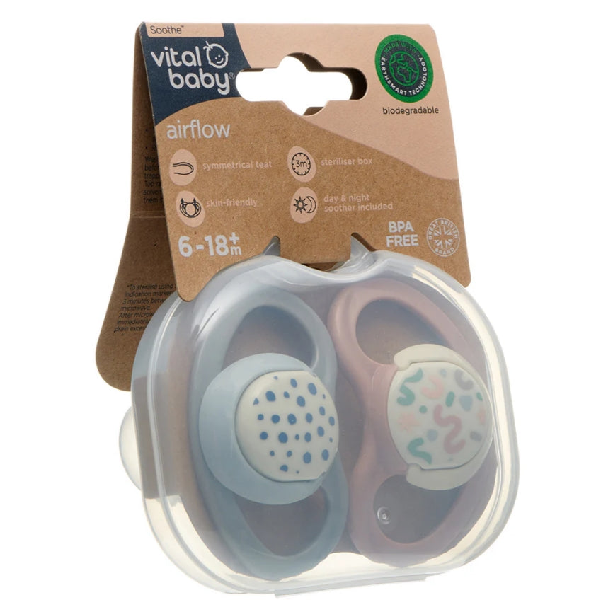 Suzete EarthSmart Vital Baby cu flux de aer calmant, 6-18 luni