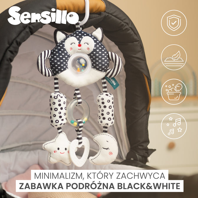 Jucărie cărucior Sensillo Elefant alb-negru 